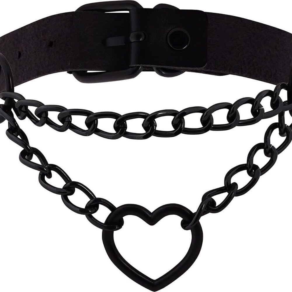 Goth Heart Chain Choker Necklace Faux Leather Zinc Gothic Punk Emo Gift for Wome